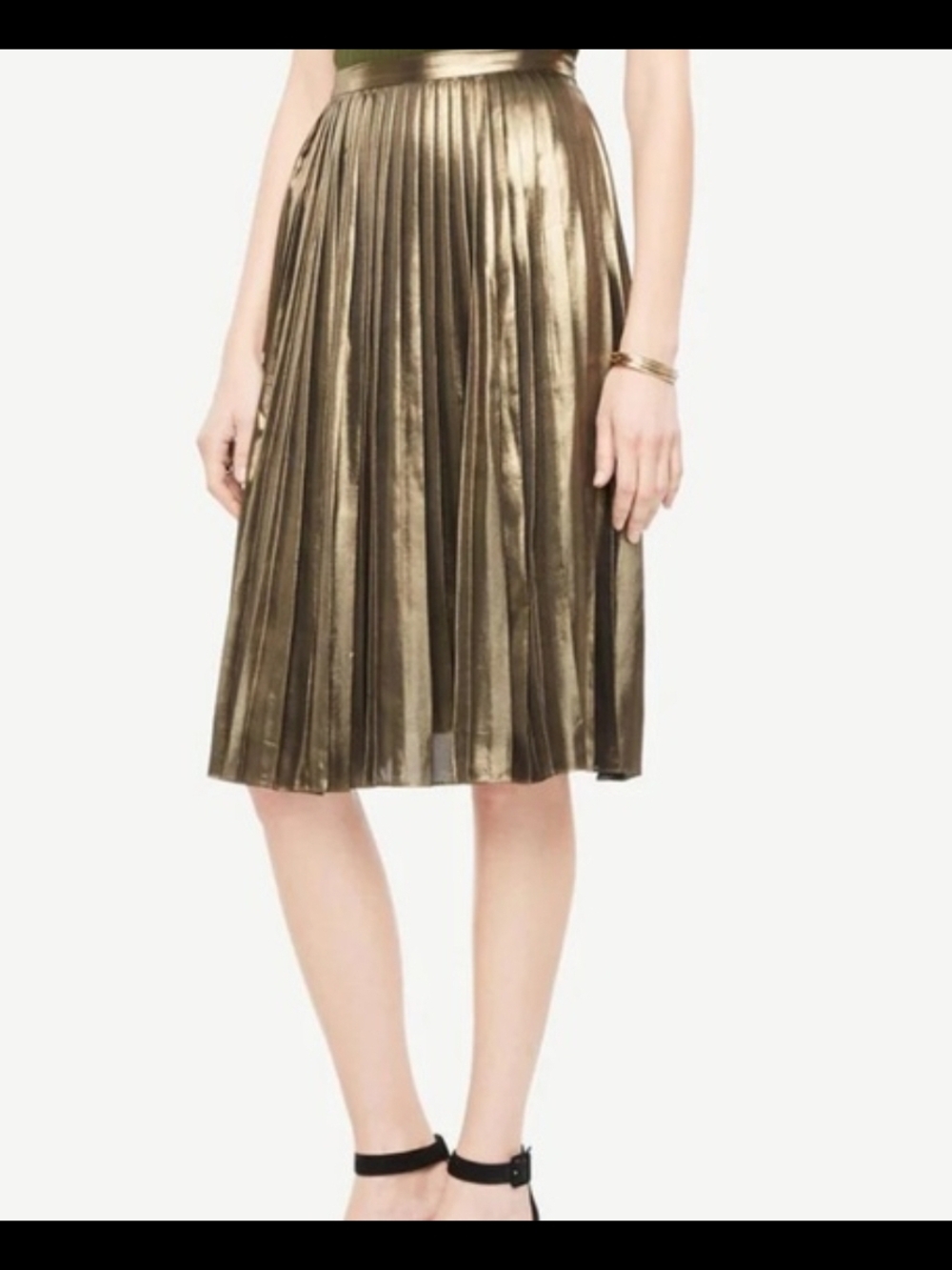 Ann Taylor Gold Lame Metallic Pleated Midi Skirt, Lined, Waistband, Sz: 2, NWT